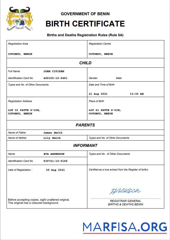 Printable Benin birth certificate Word and PDF template